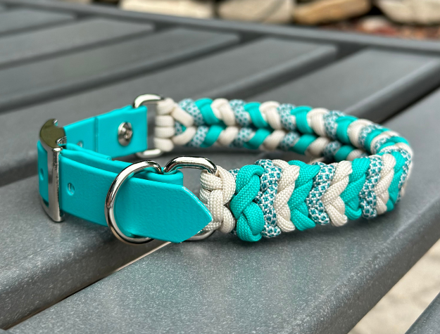 Coiled Charm Hand Braided Dog Collar in Teal, Cream, & Teal Diamonds - HT Animal Supply