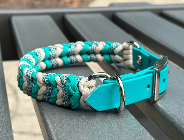 Coiled Charm Hand Braided Dog Collar in Teal, Cream, & Teal Diamonds - HT Animal Supply