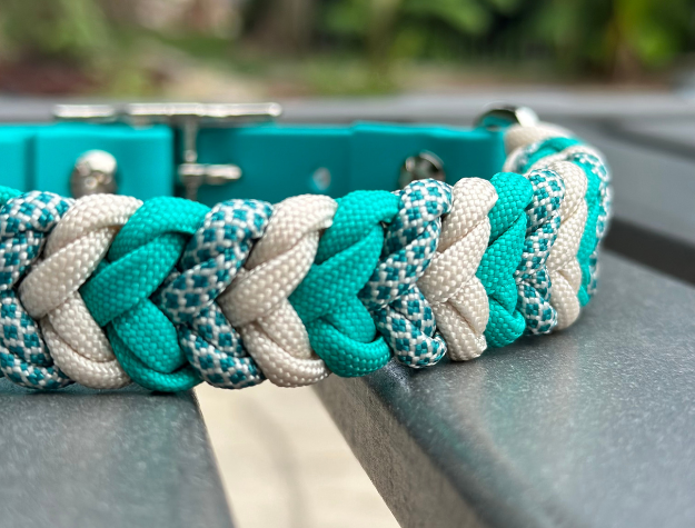 Coiled Charm Hand Braided Dog Collar in Teal, Cream, & Teal Diamonds - HT Animal Supply