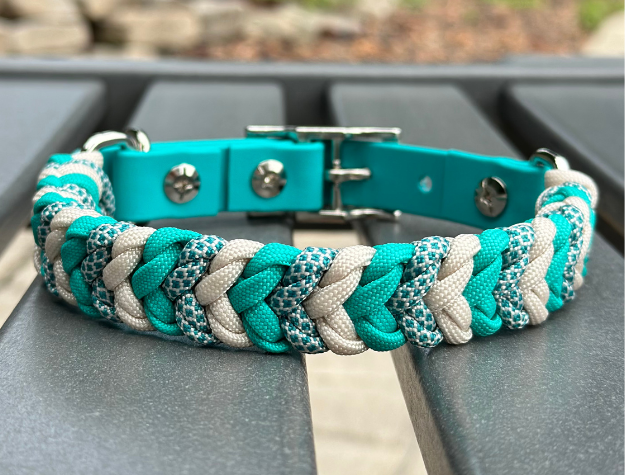 Coiled Charm Hand Braided Dog Collar in Teal, Cream, & Teal Diamonds - HT Animal Supply