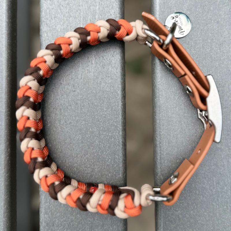 Coiled Charm Hand Braided Dog Collar in Burnt Orange, Walnut Brown, & Light Tan - HT Animal Supply