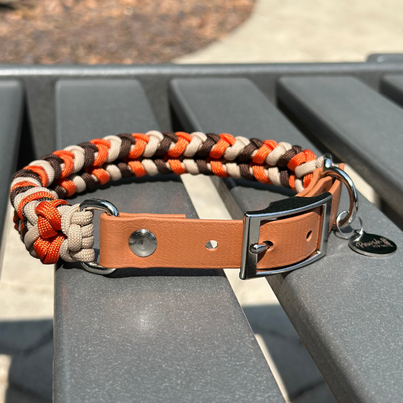 Coiled Charm Hand Braided Dog Collar in Burnt Orange, Walnut Brown, & Light Tan - HT Animal Supply