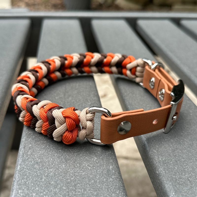 Coiled Charm Hand Braided Dog Collar in Burnt Orange, Walnut Brown, & Light Tan - HT Animal Supply