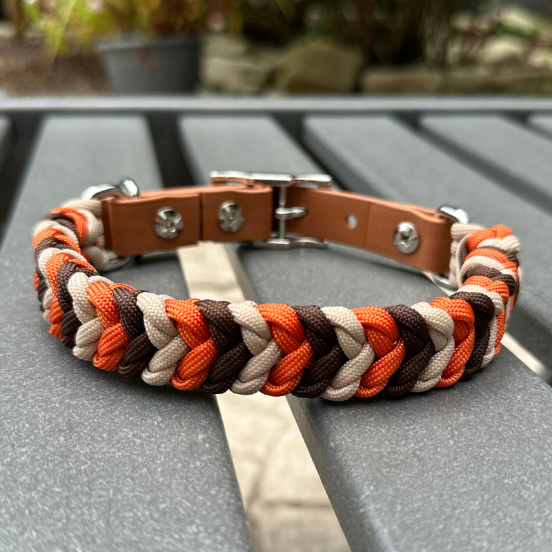 Coiled Charm Hand Braided Dog Collar in Burnt Orange, Walnut Brown, & Light Tan - HT Animal Supply