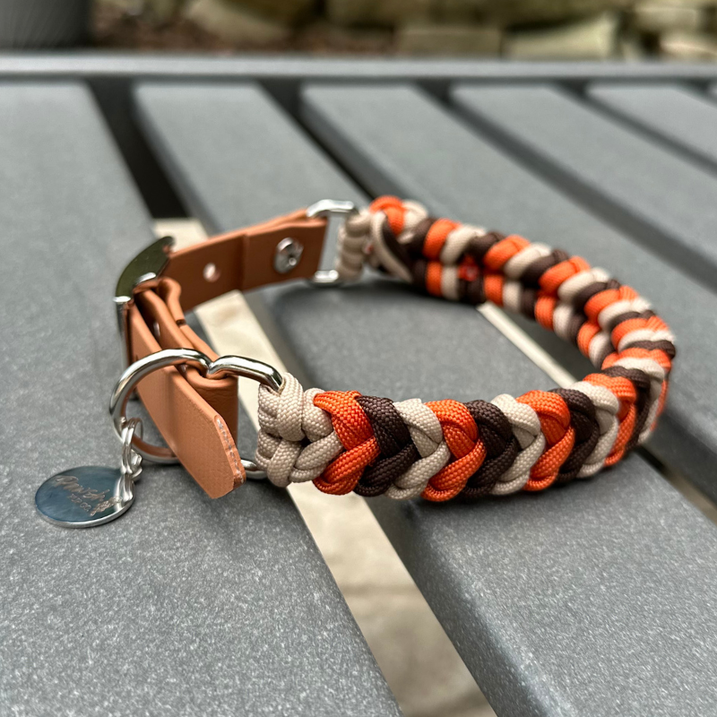 Coiled Charm Hand Braided Dog Collar in Burnt Orange, Walnut Brown, & Light Tan - HT Animal Supply