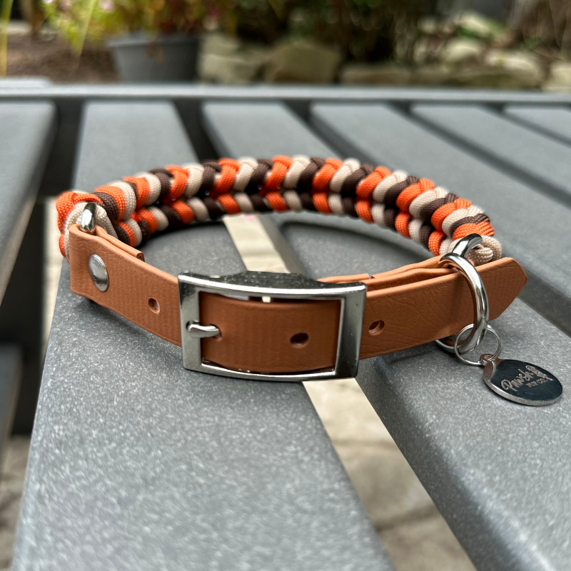 Coiled Charm Hand Braided Dog Collar in Burnt Orange, Walnut Brown, & Light Tan - HT Animal Supply