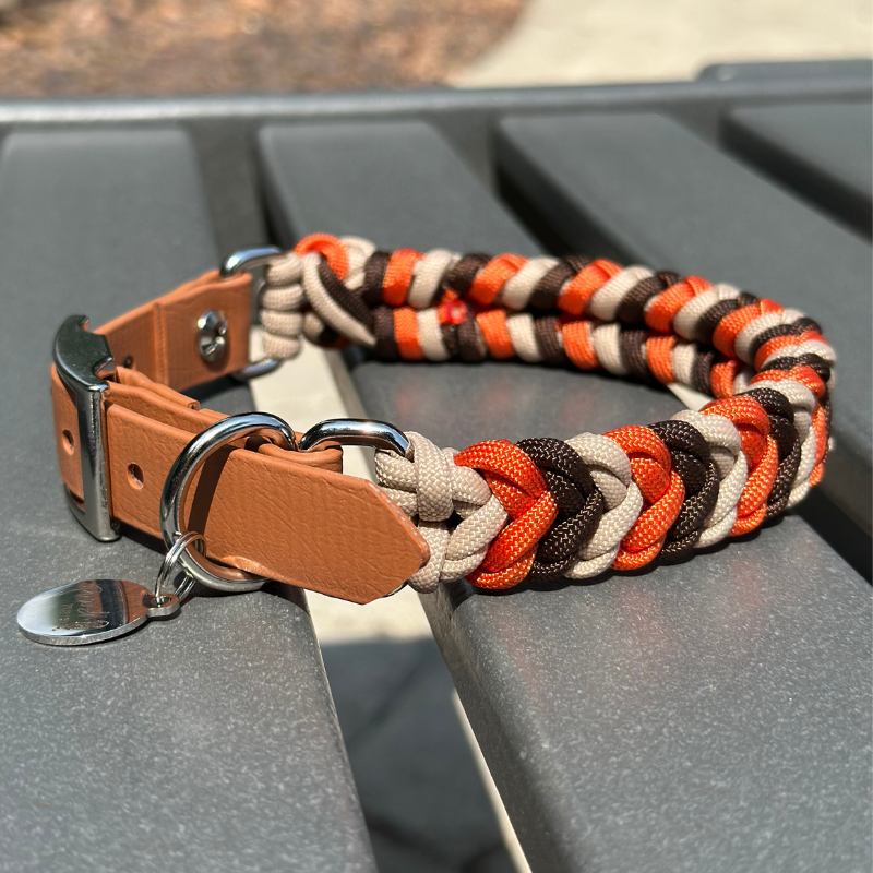 Coiled Charm Hand Braided Dog Collar in Burnt Orange, Walnut Brown, & Light Tan - HT Animal Supply