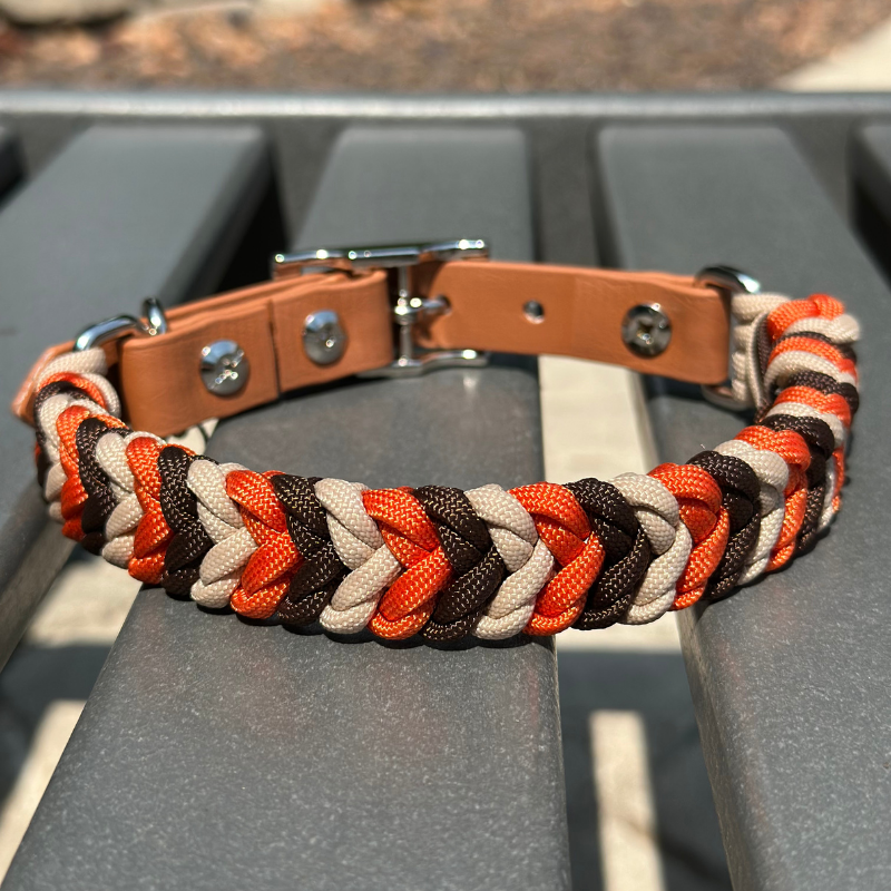 Coiled Charm Hand Braided Dog Collar in Burnt Orange, Walnut Brown, & Light Tan - HT Animal Supply