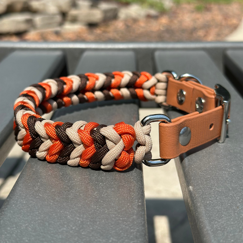 Coiled Charm Hand Braided Dog Collar in Burnt Orange, Walnut Brown, & Light Tan - HT Animal Supply