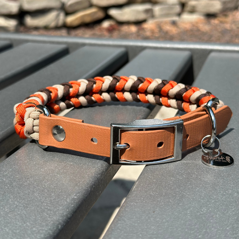 Coiled Charm Hand Braided Dog Collar in Burnt Orange, Walnut Brown, & Light Tan - HT Animal Supply