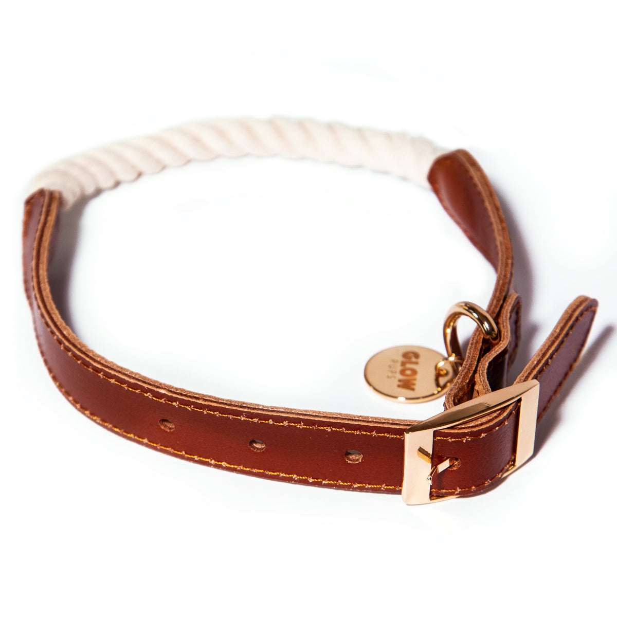 Glow Pups: White Cotton Rope and Leather Dog Collar
