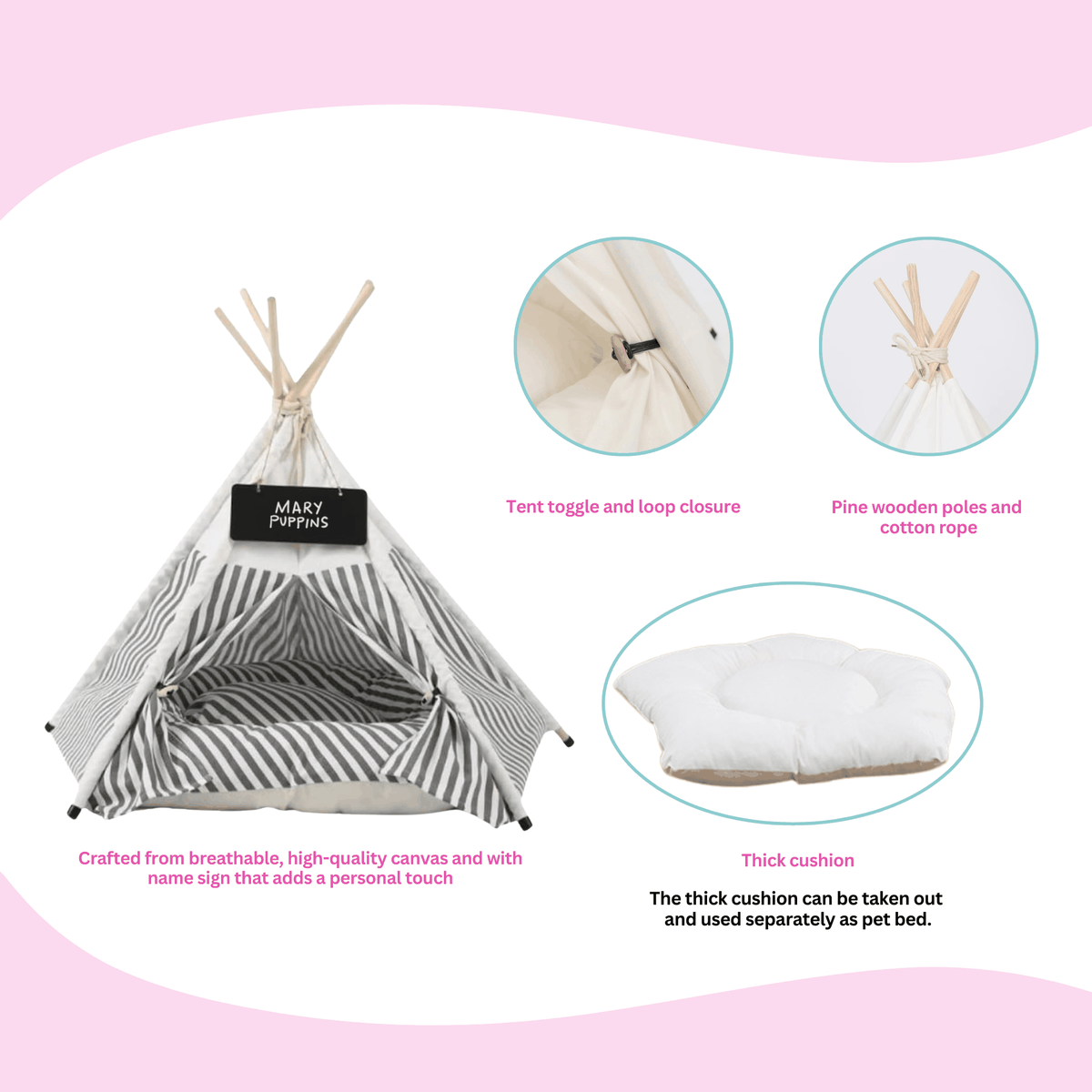 Glow Pups: Grey and White Striped Pet Teepee Dog Bed