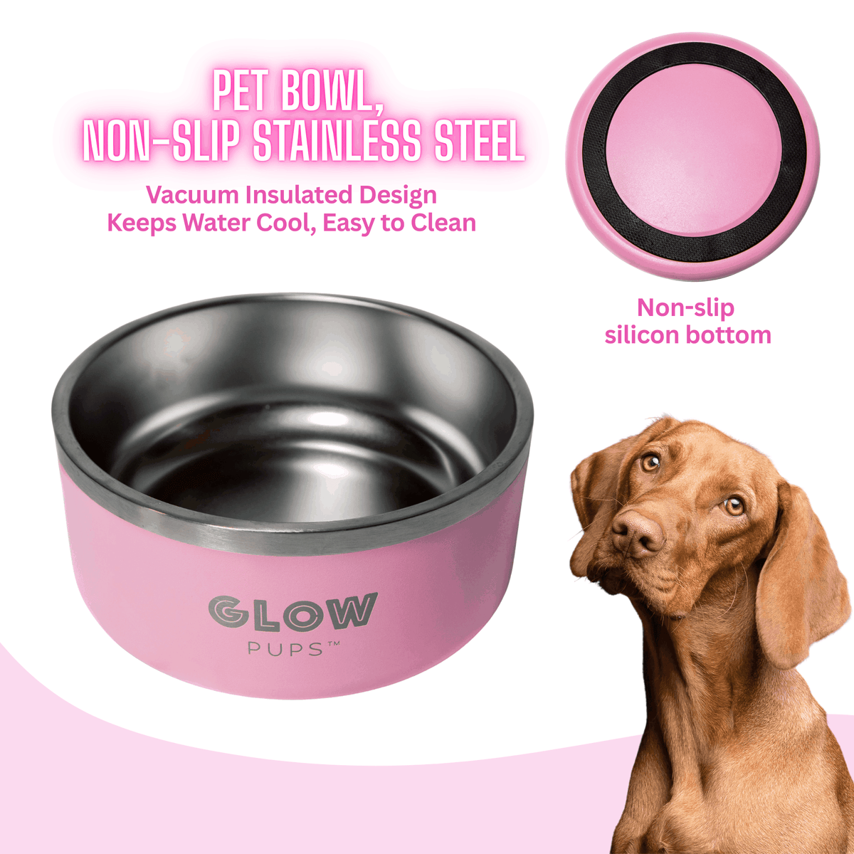 Glow Pups: Light Pink Vacuum Insulated Stainless Steel Dog Bowl
