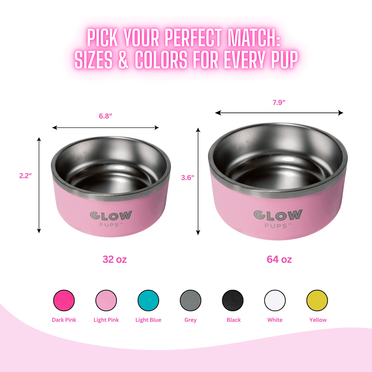 Glow Pups: Light Pink Vacuum Insulated Stainless Steel Dog Bowl