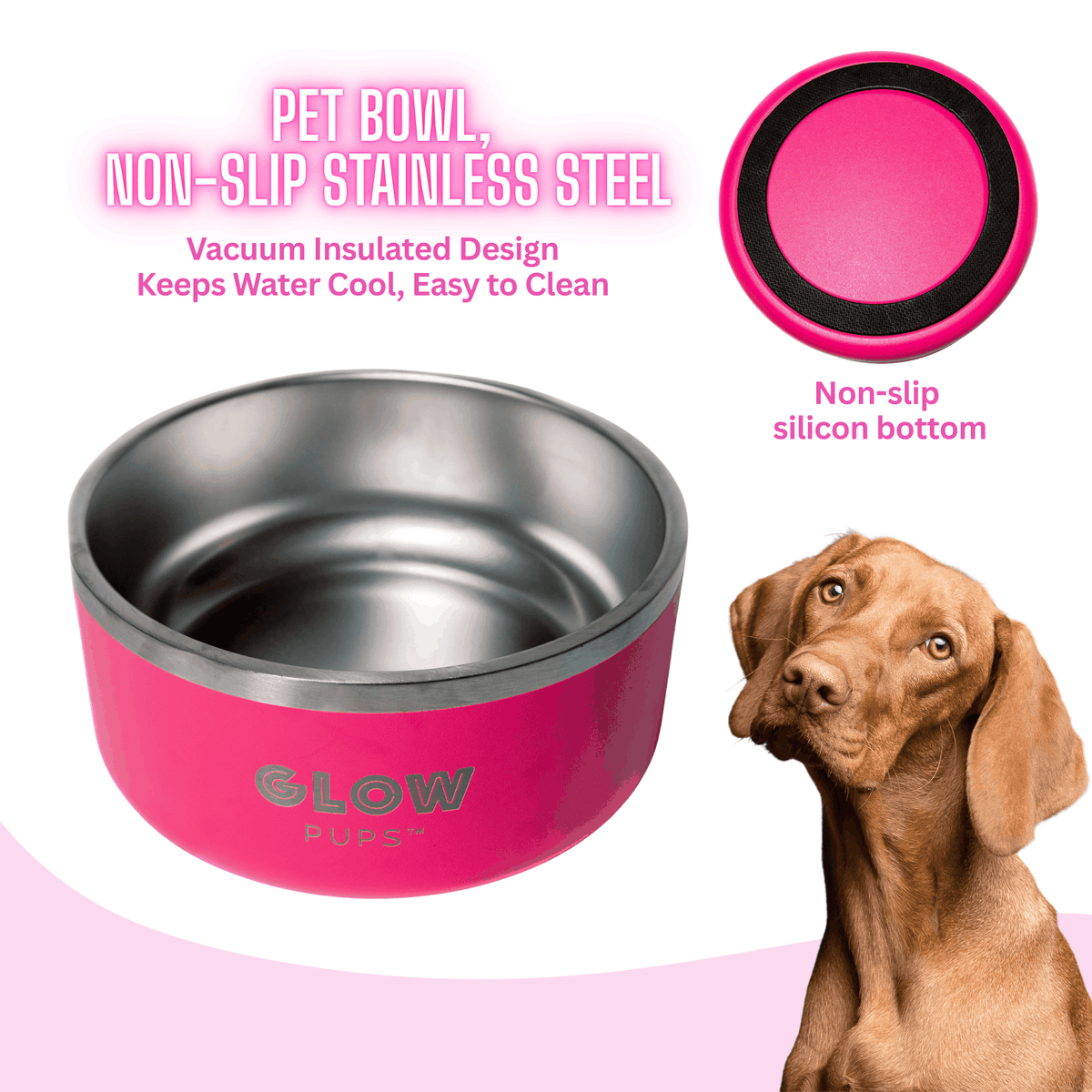 Glow Pups: Bright Pink Vacuum Insulated Stainless Steel Dog Bowl