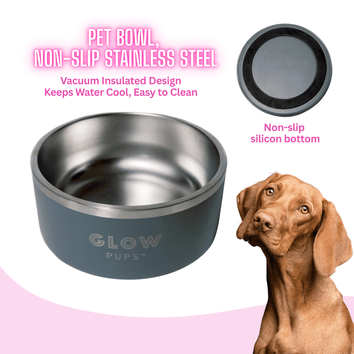 Glow Pups: Grey Vacuum Insulated Stainless Steel Dog Bowl