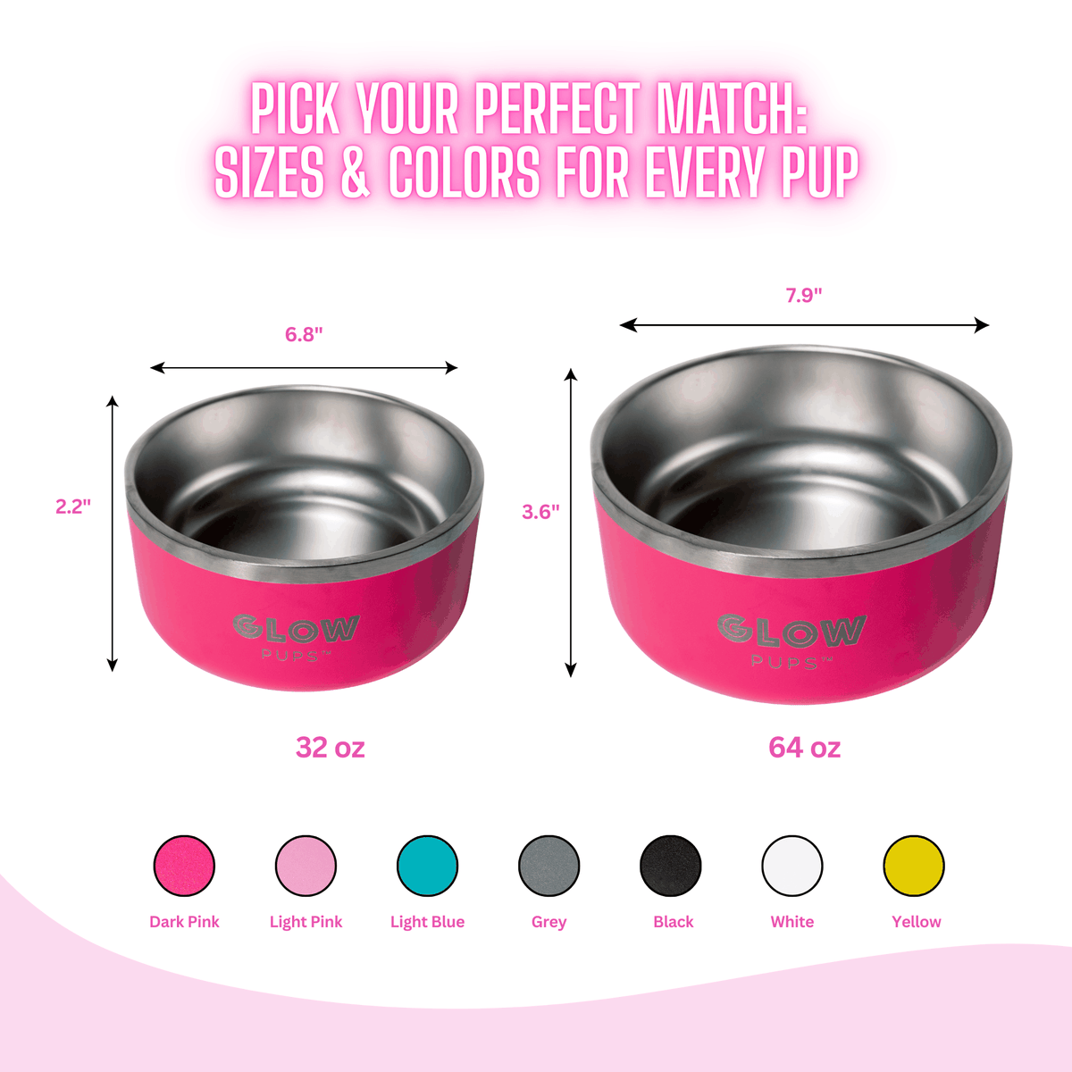 Glow Pups: Bright Pink Vacuum Insulated Stainless Steel Dog Bowl