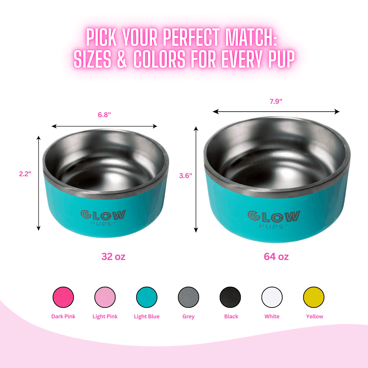 Glow Pups: Aqua Blue Vacuum Insulated Stainless Steel Dog Bowl