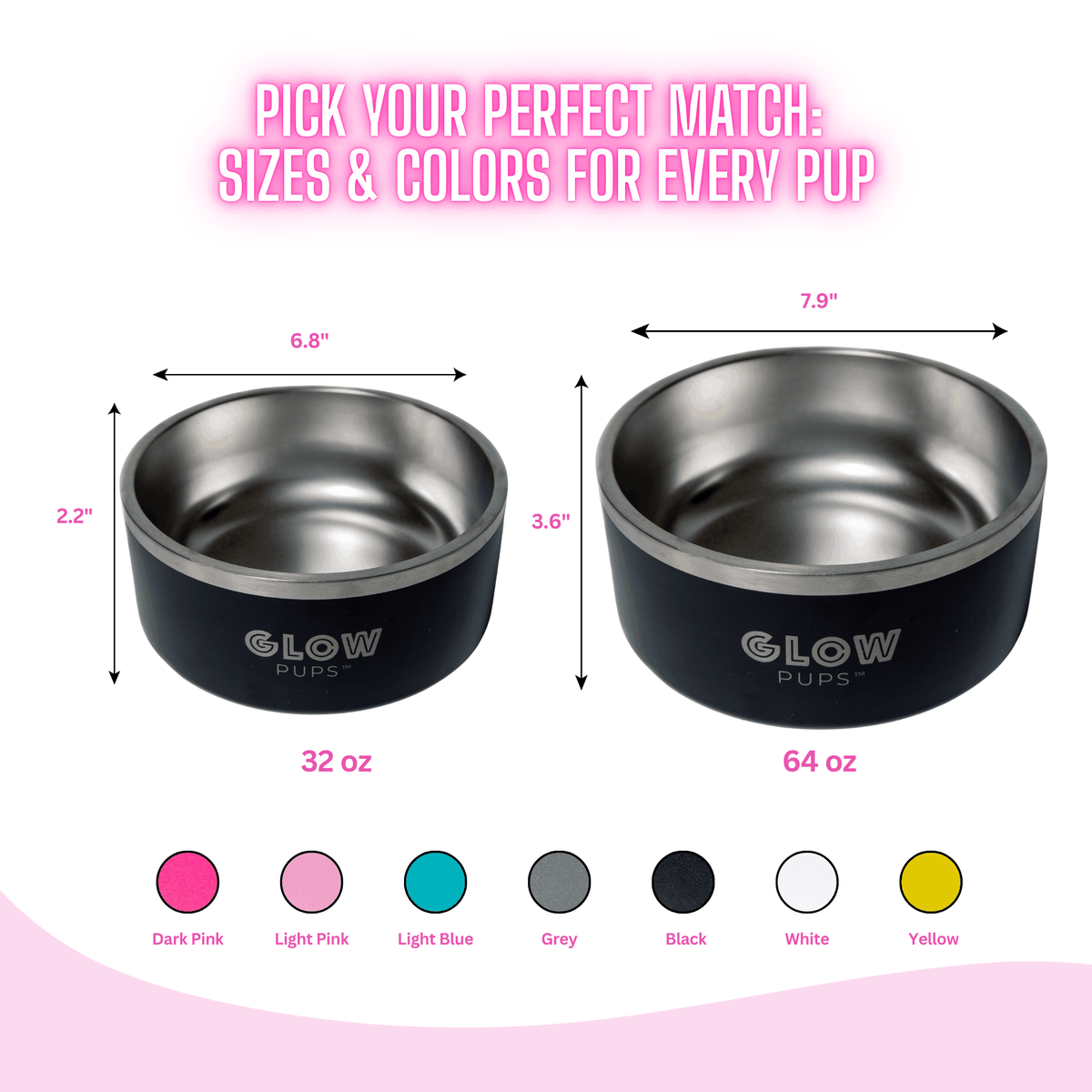 Glow Pups: Black Vacuum Insulated Stainless Steel Dog Bowl