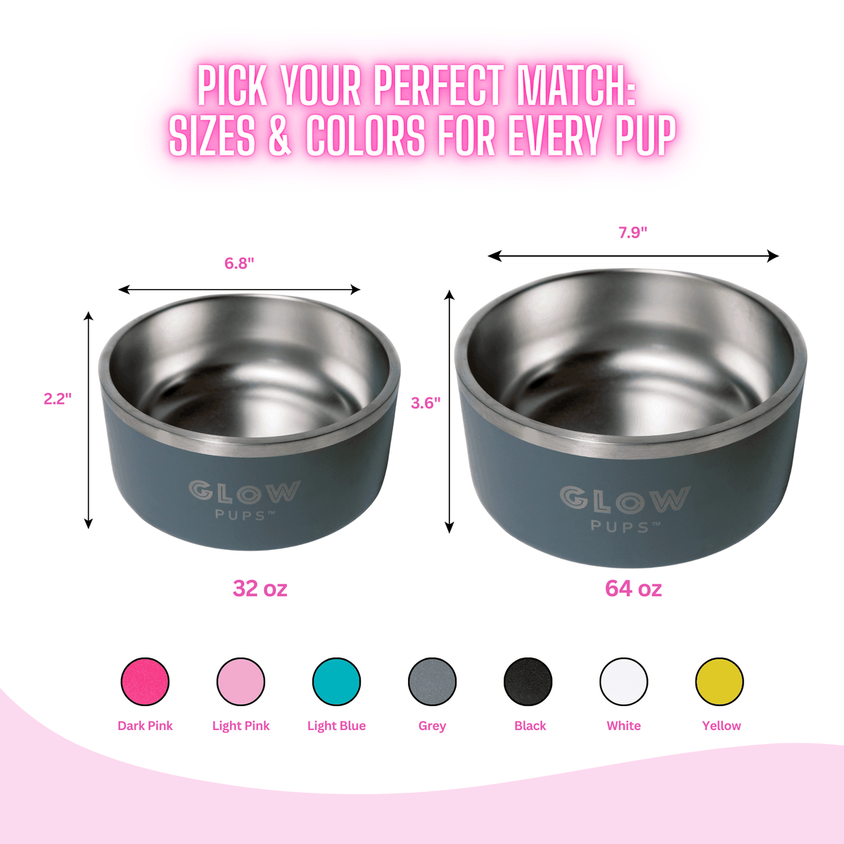 Glow Pups: Grey Vacuum Insulated Stainless Steel Dog Bowl