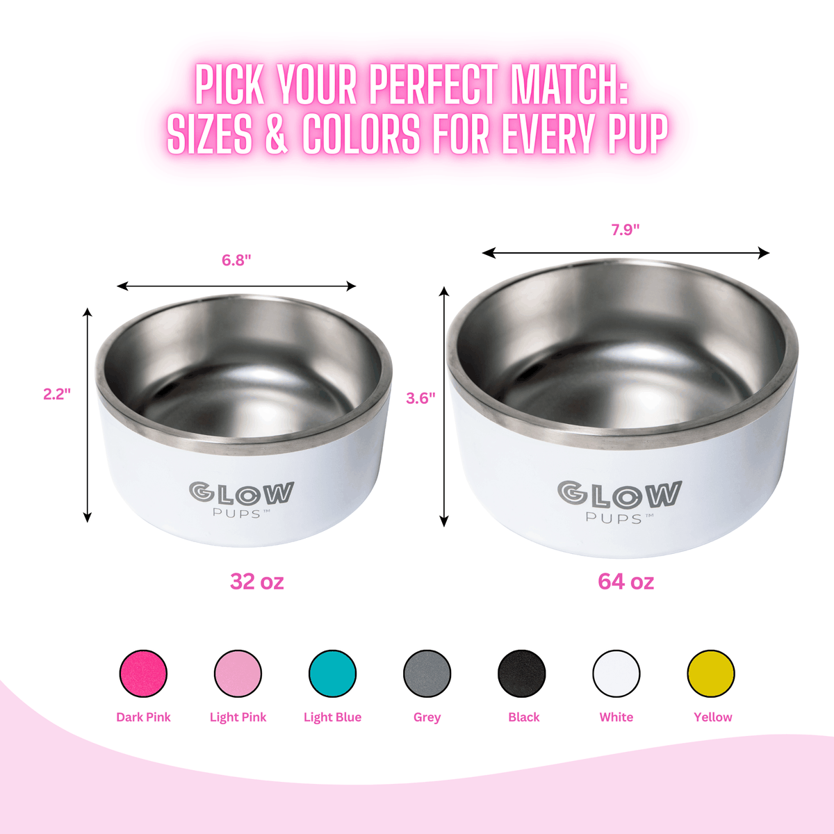 Glow Pups: White Vacuum Insulated Stainless Steel Dog Bowl