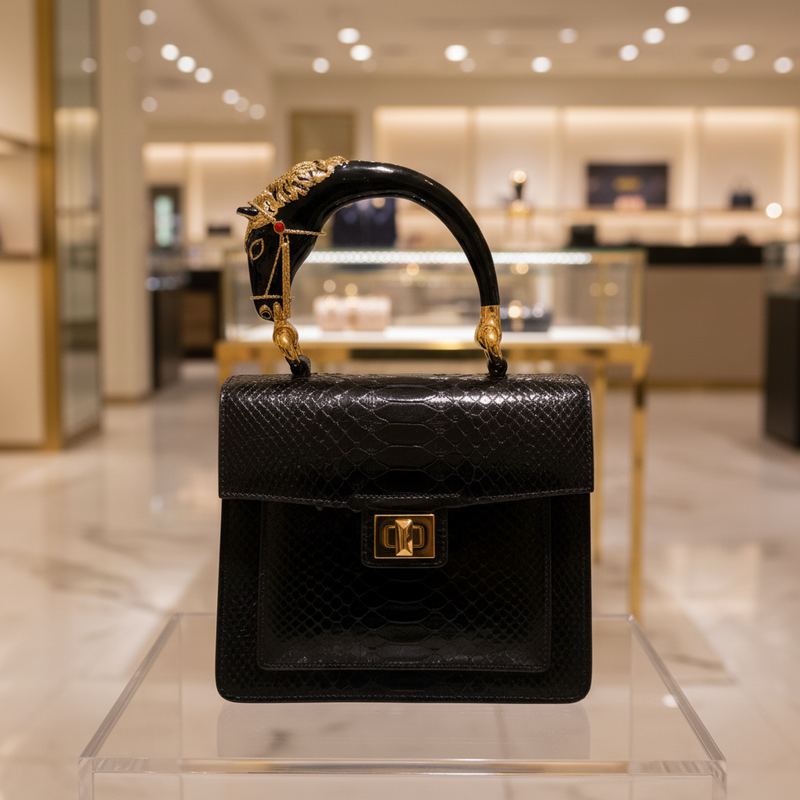 Allysa Payne Devon Horse Handle Handbag Authentic Black Python