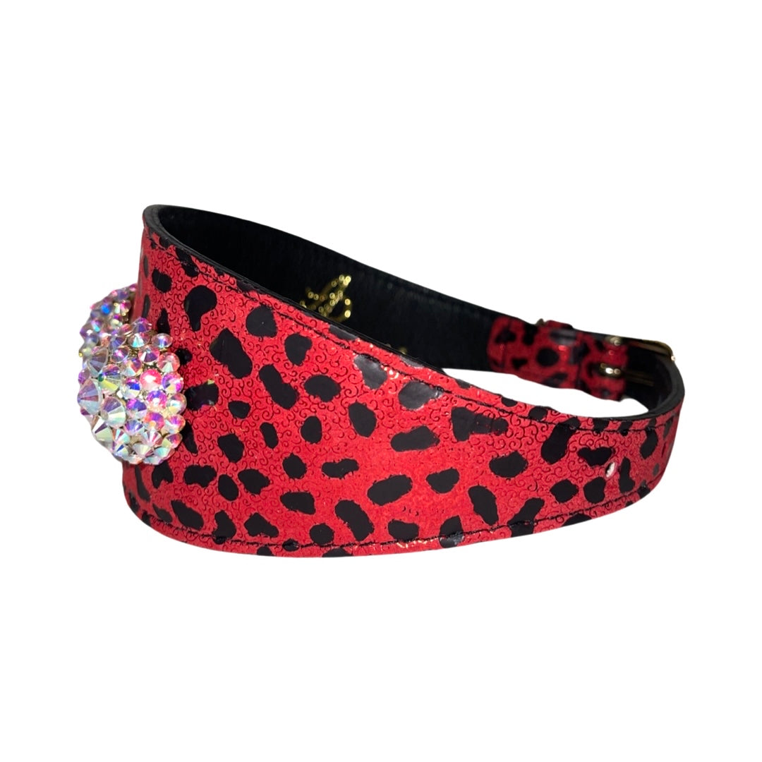 Glam Red & Black Leopard Print/ Custom Swarovski Crystal Rivet Collar