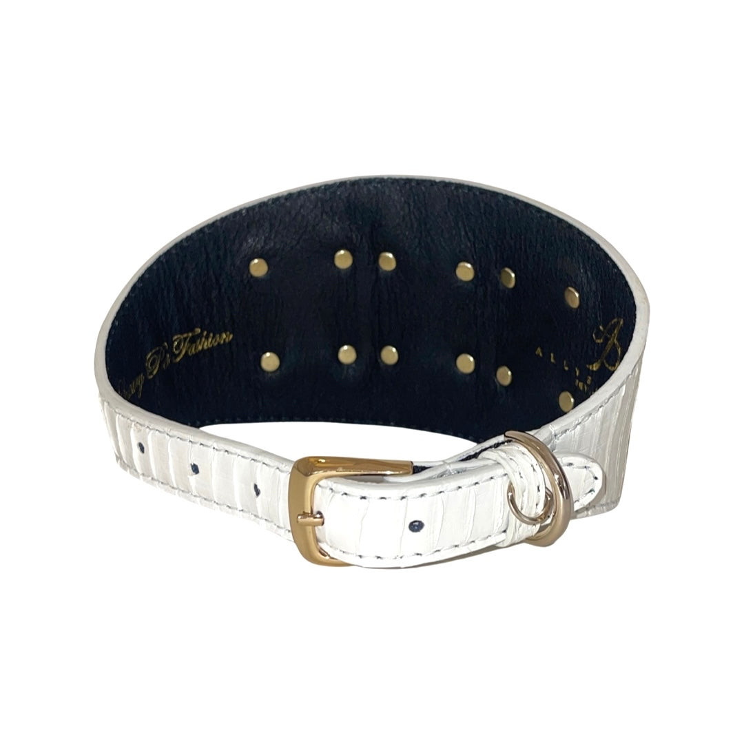 Allysa Payne Matte White Snake 4-Inch Wide Dog Collar With Our 3 Custom Swarovski Crystal Rivets