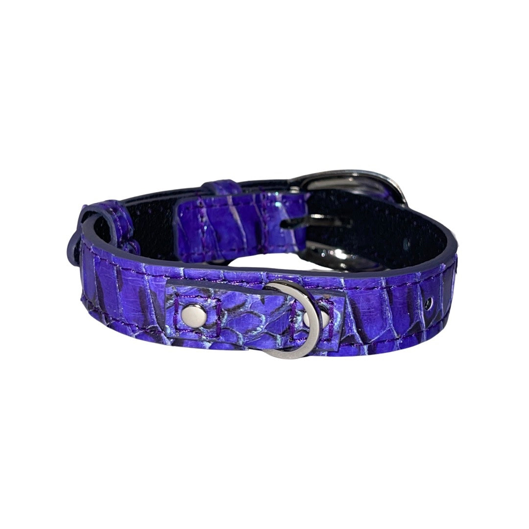Allysa Payne XS/S 7"-14" Iridescent Purple/Silver Custom Snake Dog Collar/Custom Silver Oval Italian Hardware & Swarovski Crystal Charm