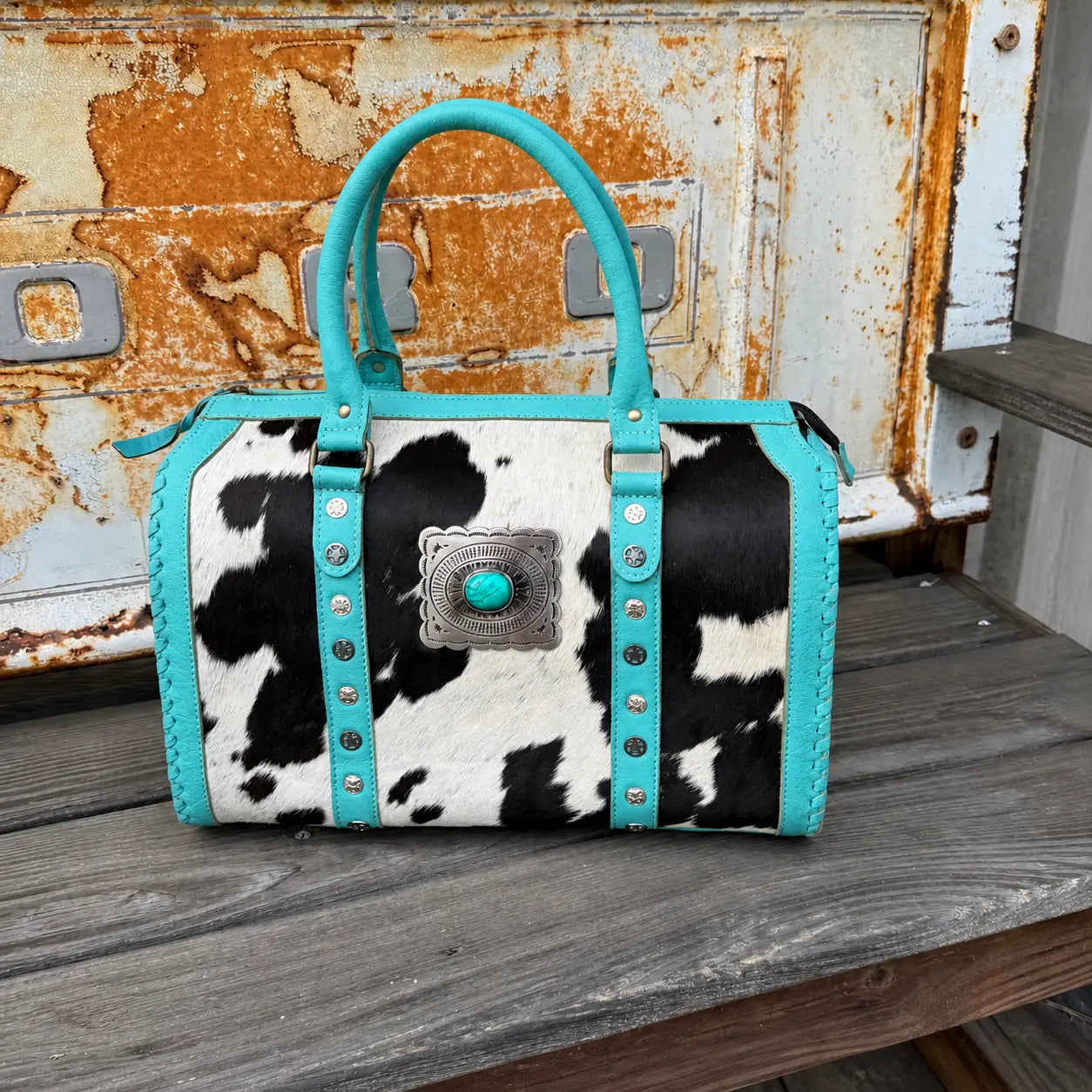 Cowhide Turquoise Concho Speedy Bag
