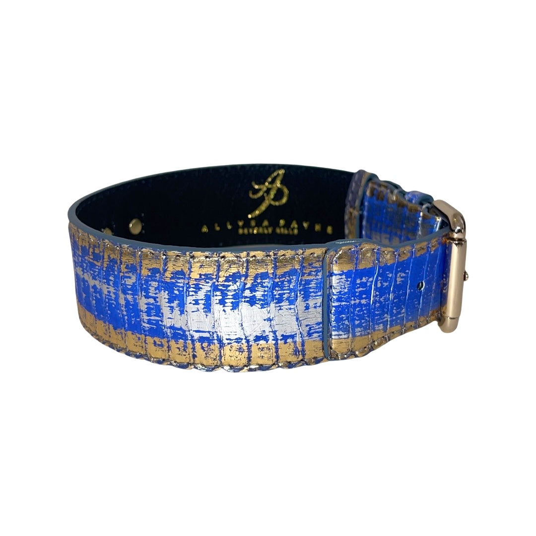 Allysa Payne Multi-Color Blue/Silver/Gold Snake, Classic Dog Collar With Gold Hardware