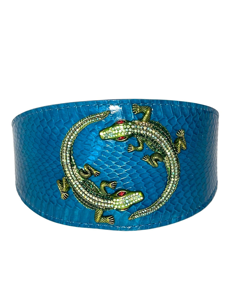 Dark Turquoise 3" Wide Style Snake Collar With Green Rhinestone Alligators