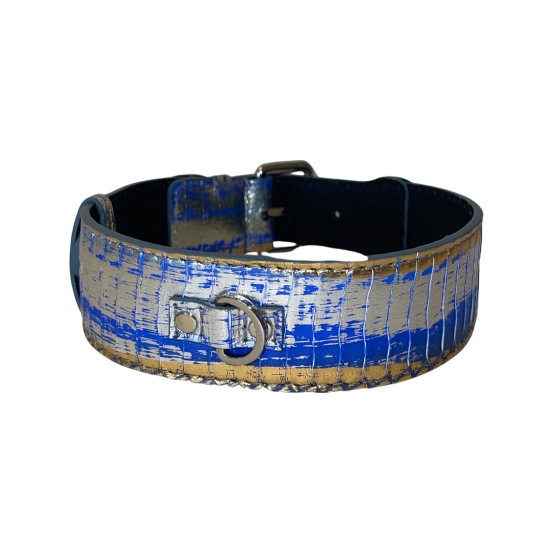 Allysa Payne Multi-Color Blue/Silver/Gold Snake, Classic Dog Collar With Silver Hardware