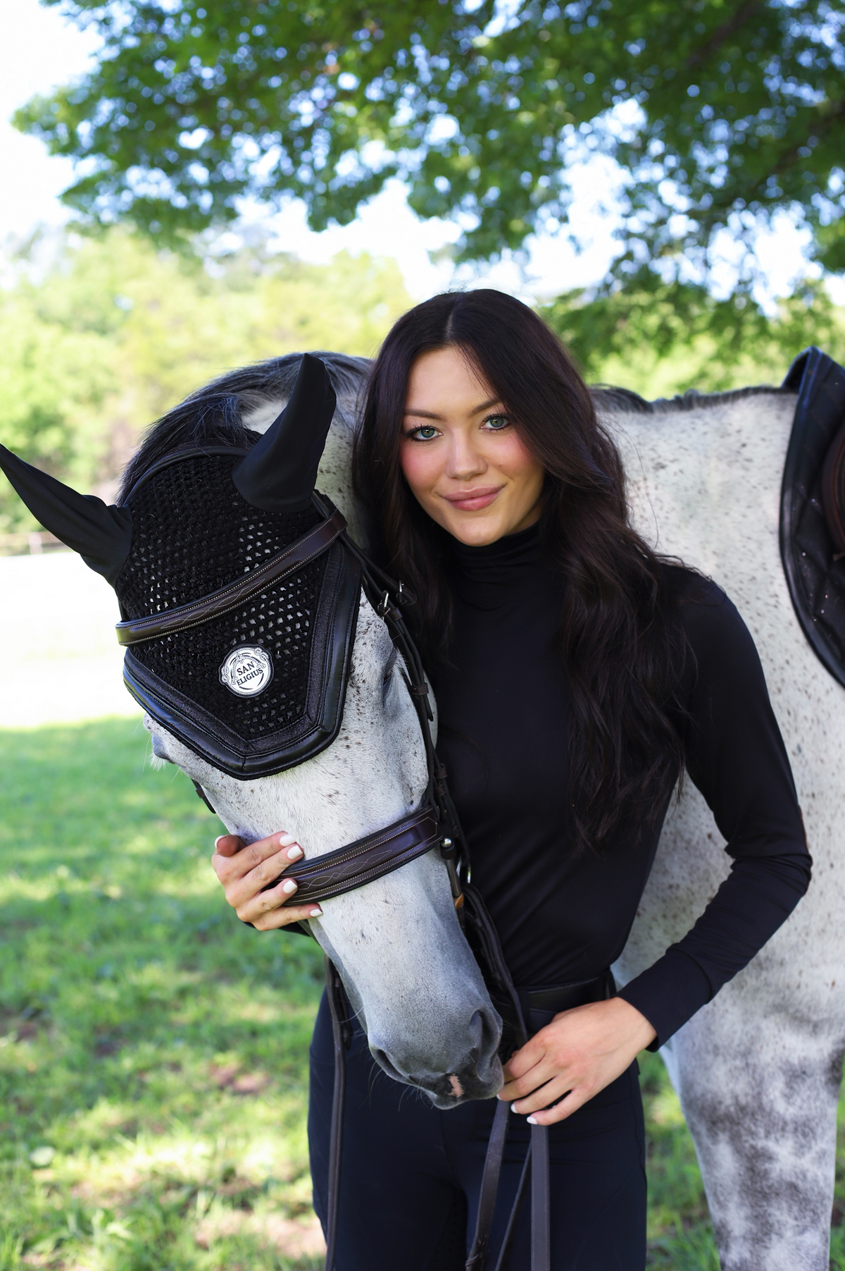 San Eligius Black Ice knit horse bonnet with black leather and glitter piping on horse