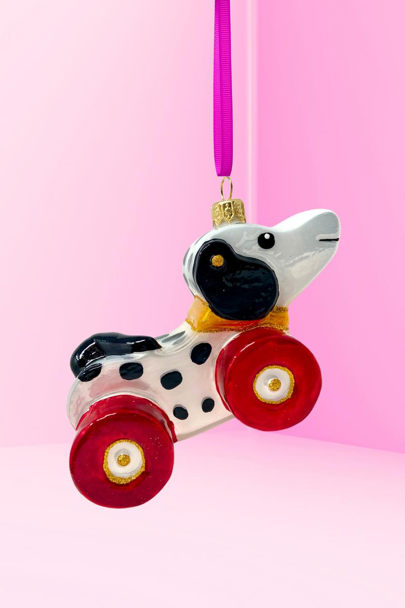 Dalmatian Dog Pull Toy Glass Ornament