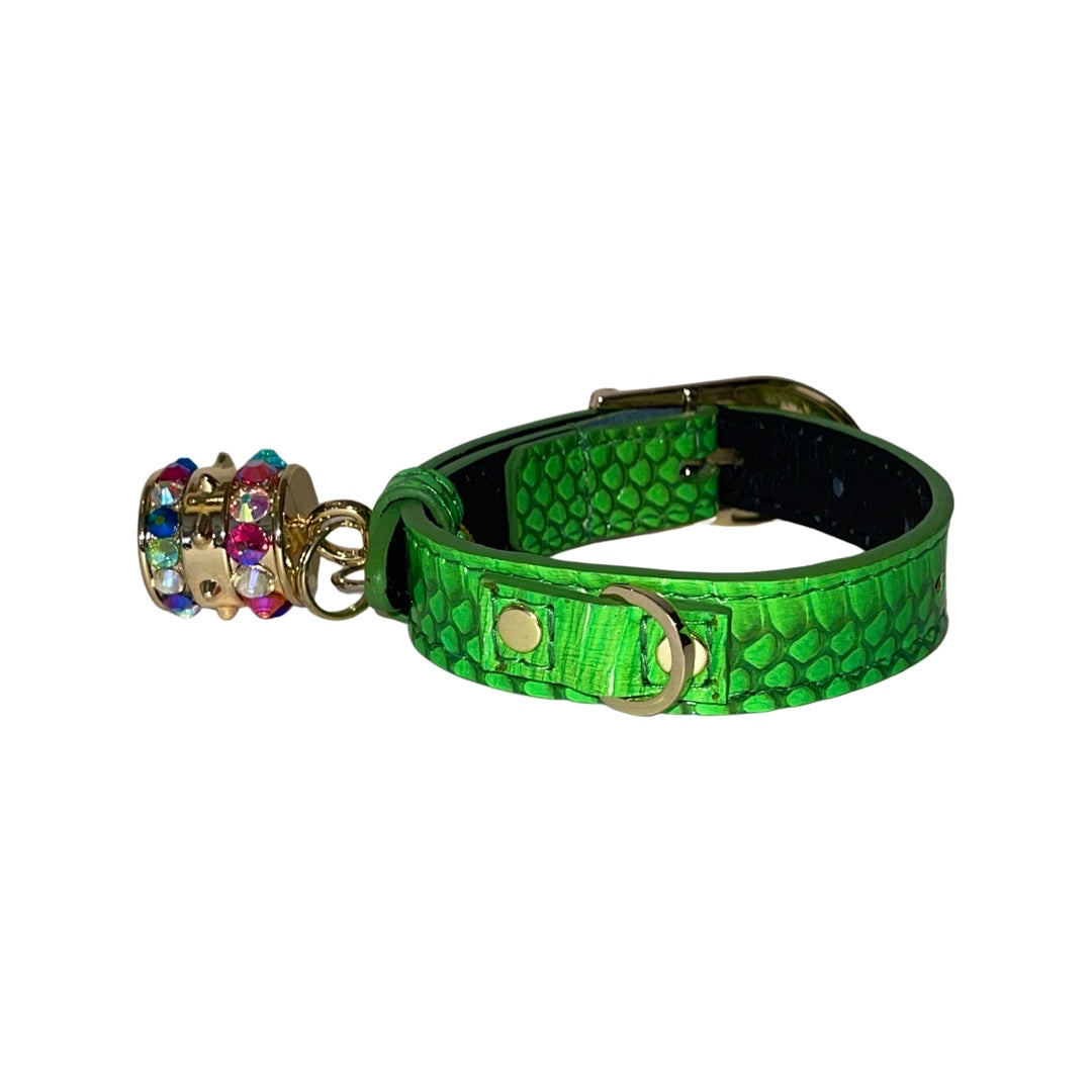 XS/S 7"-14" Neon Green Custom Snake Collar/Custom Gold Italian Hardware & Swarovski Crystal Charm