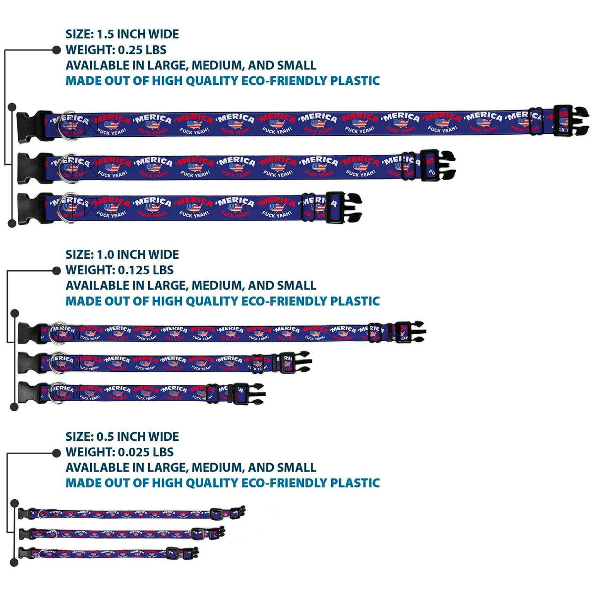 Plastic Clip Collar - MERICA FUCK YEAH!/USA Silhouette Blue/White/Red/US Flag