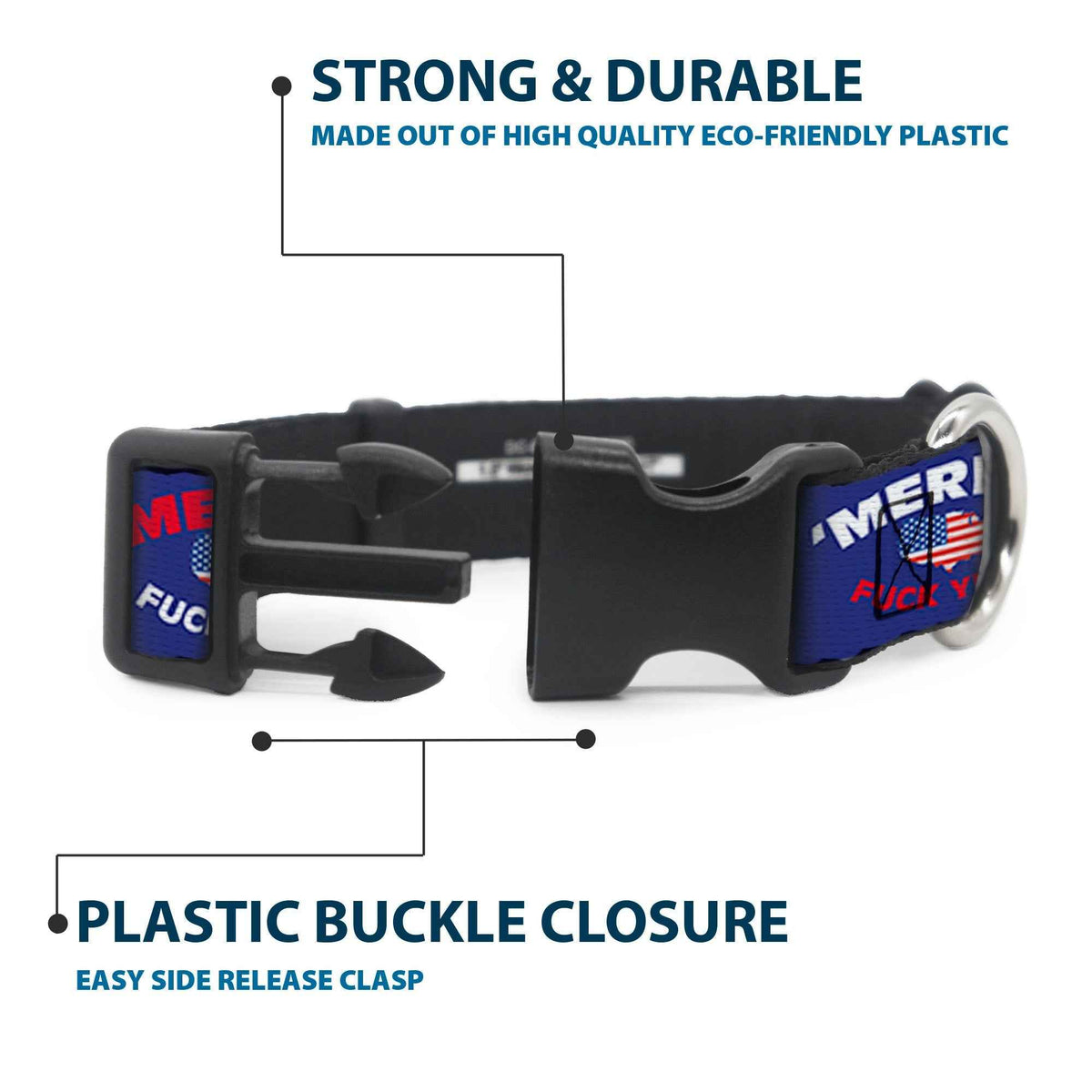 Plastic Clip Collar - MERICA FUCK YEAH!/USA Silhouette Blue/White/Red/US Flag