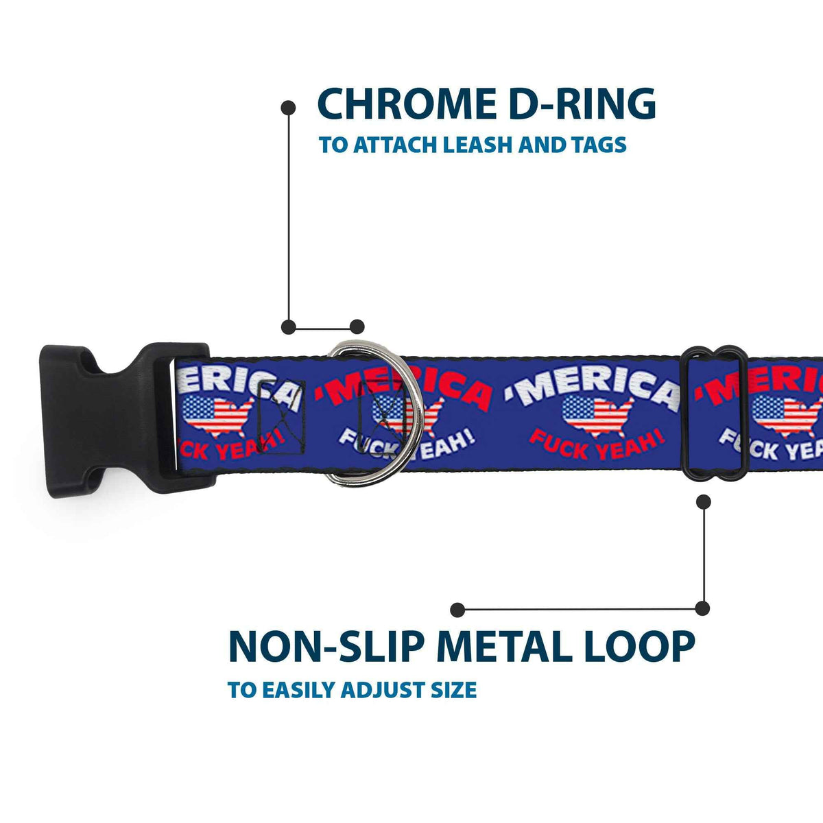 Plastic Clip Collar - MERICA FUCK YEAH!/USA Silhouette Blue/White/Red/US Flag