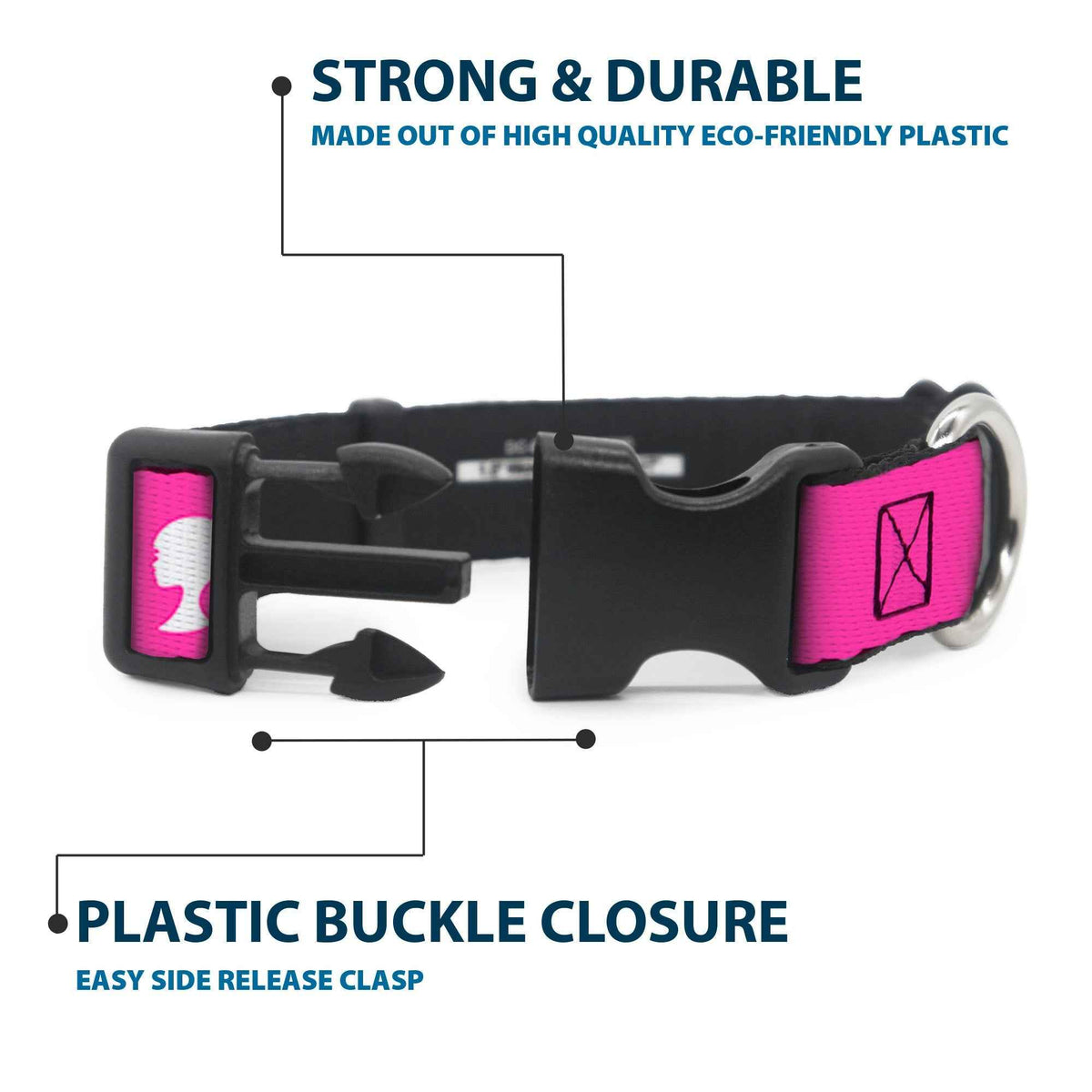 Plastic Clip Collar - BARBIE Script Signature Logo and Silhouette Hot Pink/White