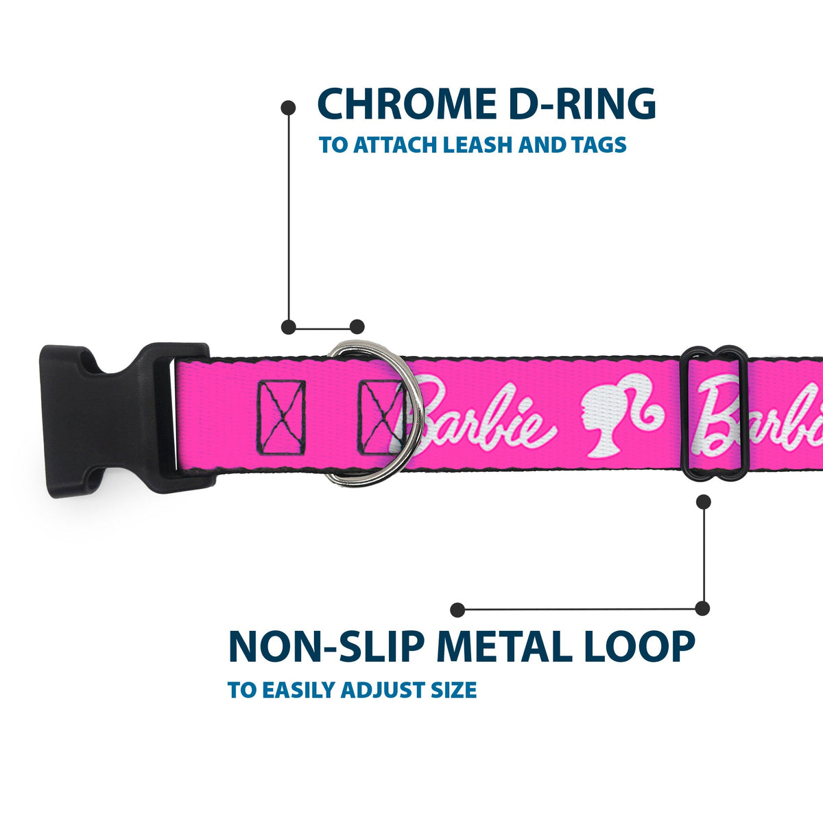 Plastic Clip Collar - BARBIE Script Signature Logo and Silhouette Hot Pink/White | HT Animal Supply