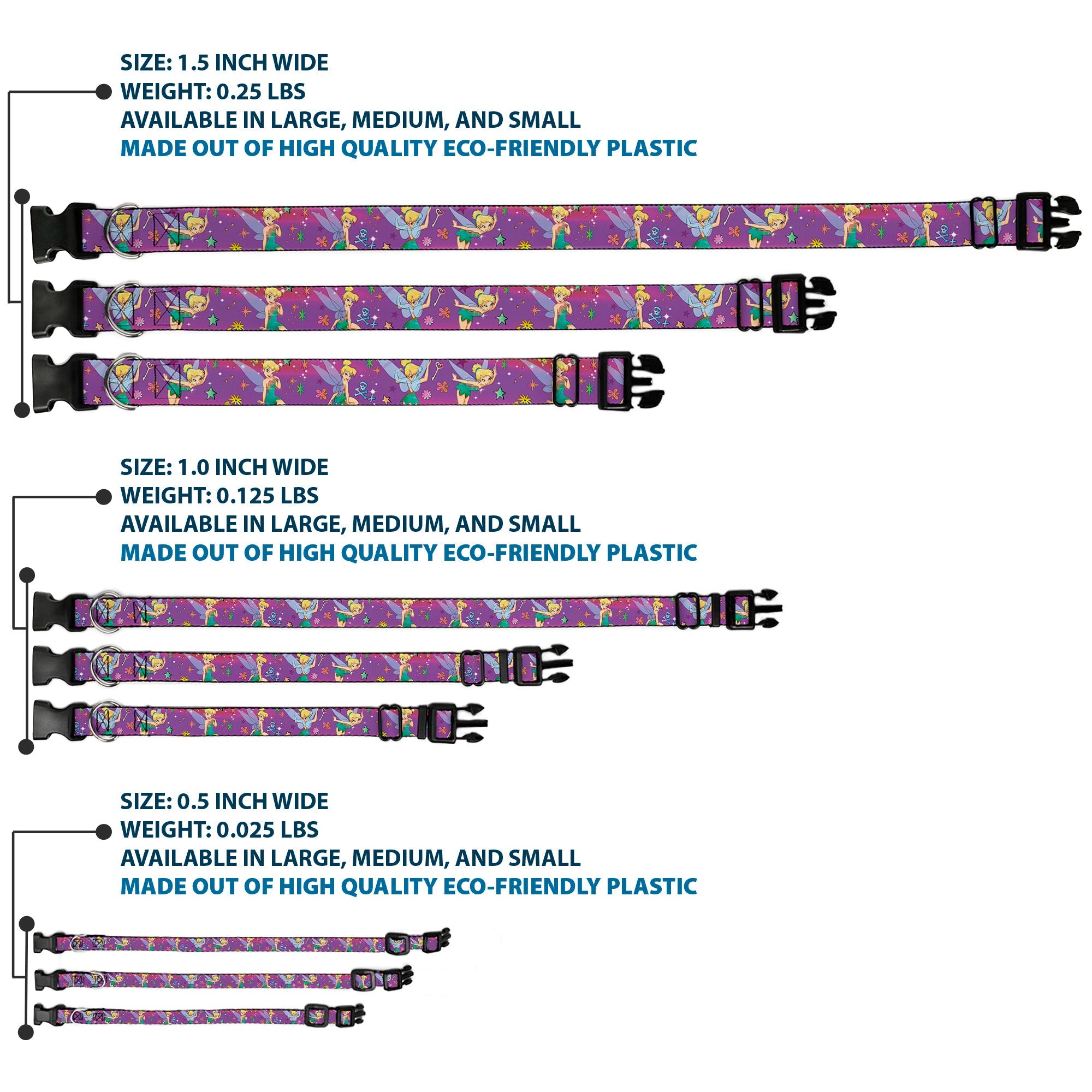 Plastic Clip Collar - Tinker Bell Poses/Flowers/Stars/Skull Purple