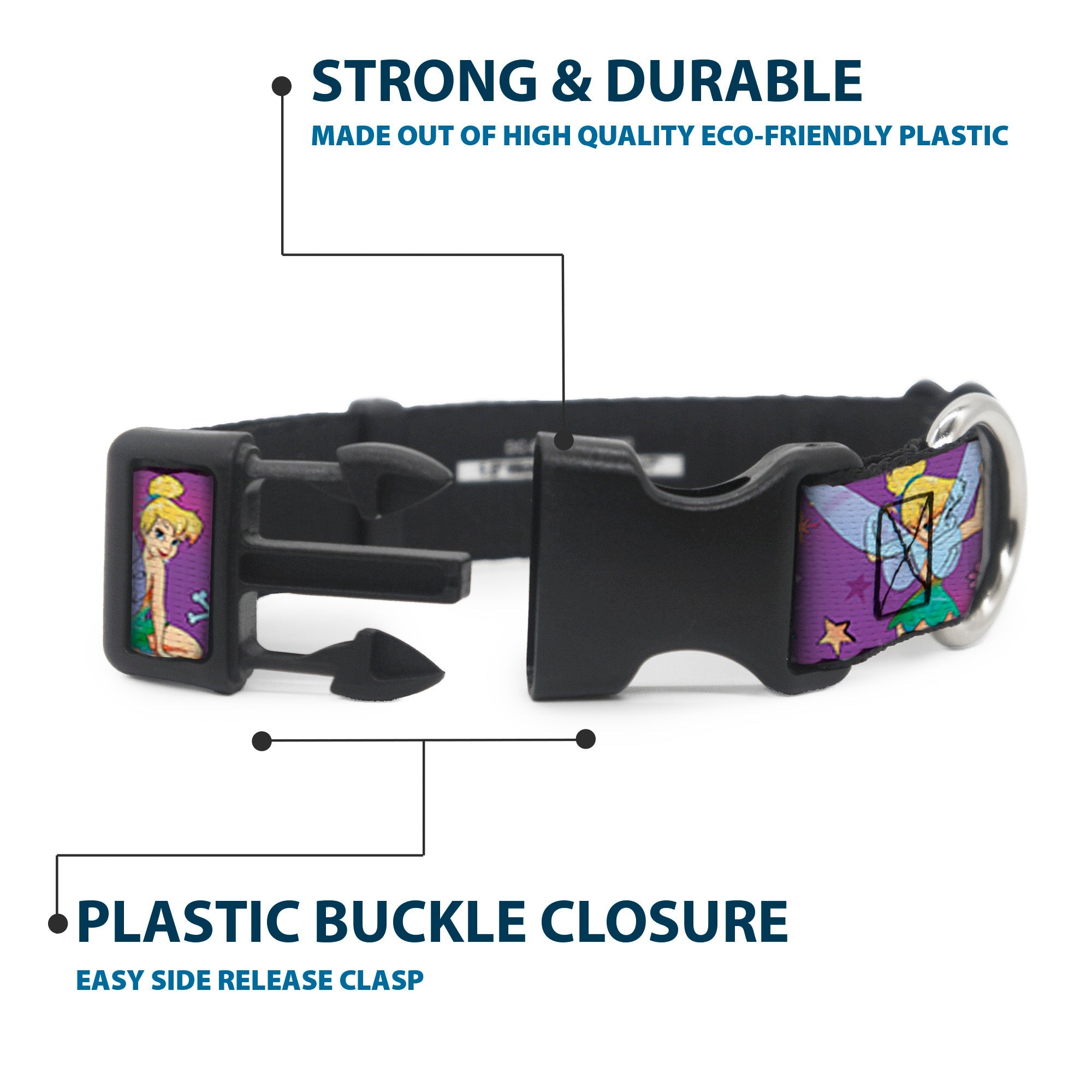 Plastic Clip Collar - Tinker Bell Poses/Flowers/Stars/Skull Purple