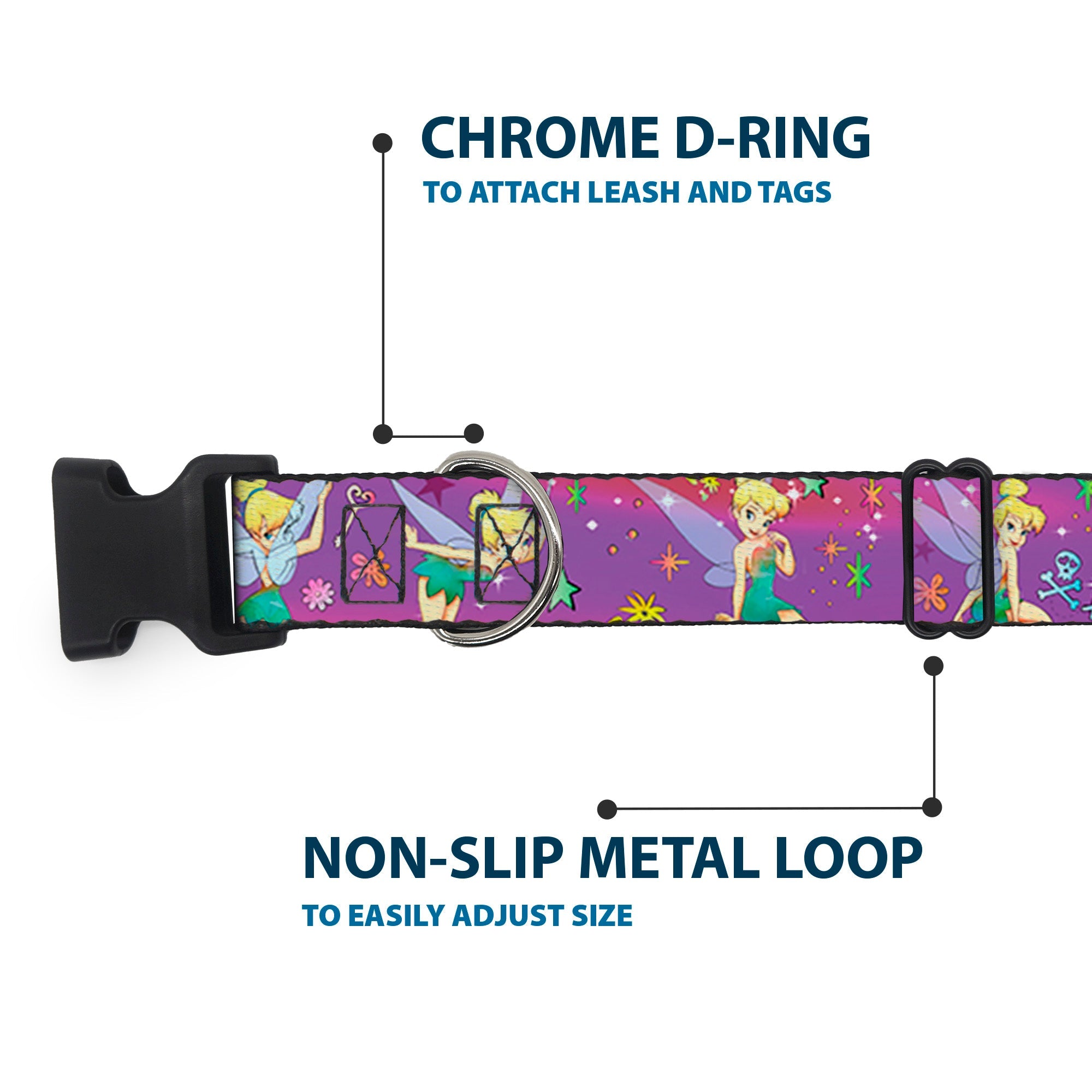 Plastic Clip Collar - Tinker Bell Poses/Flowers/Stars/Skull Purple