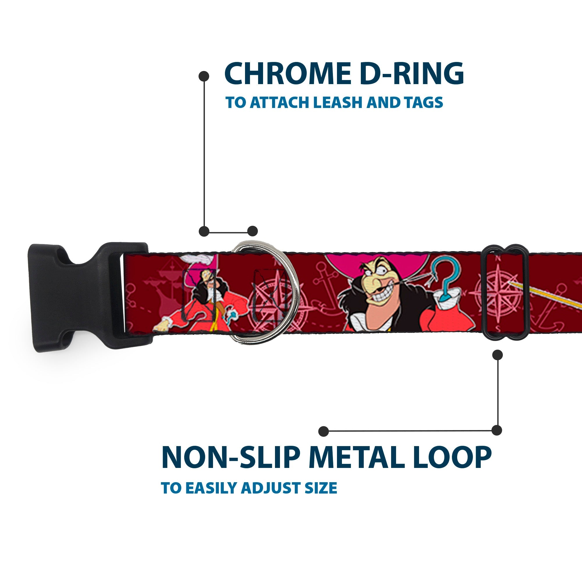 Plastic Clip Collar - Captain Hook Poses/Nautical Elements Burgundy