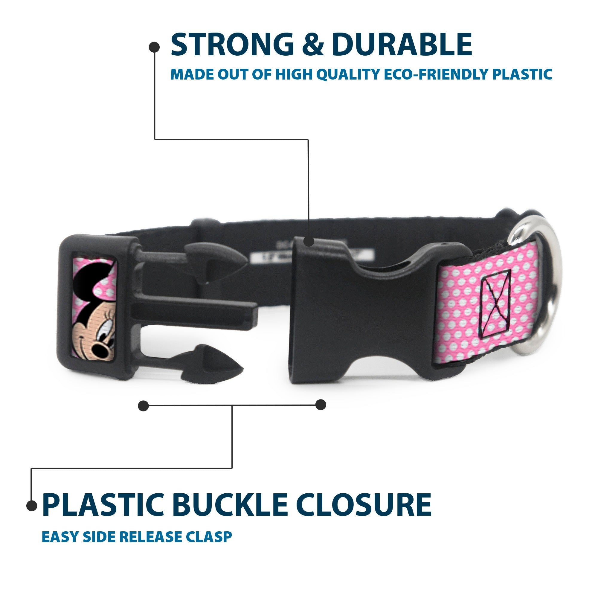 Plastic Clip Collar - Minnie Mouse Expressions Polka Dot Pink/White