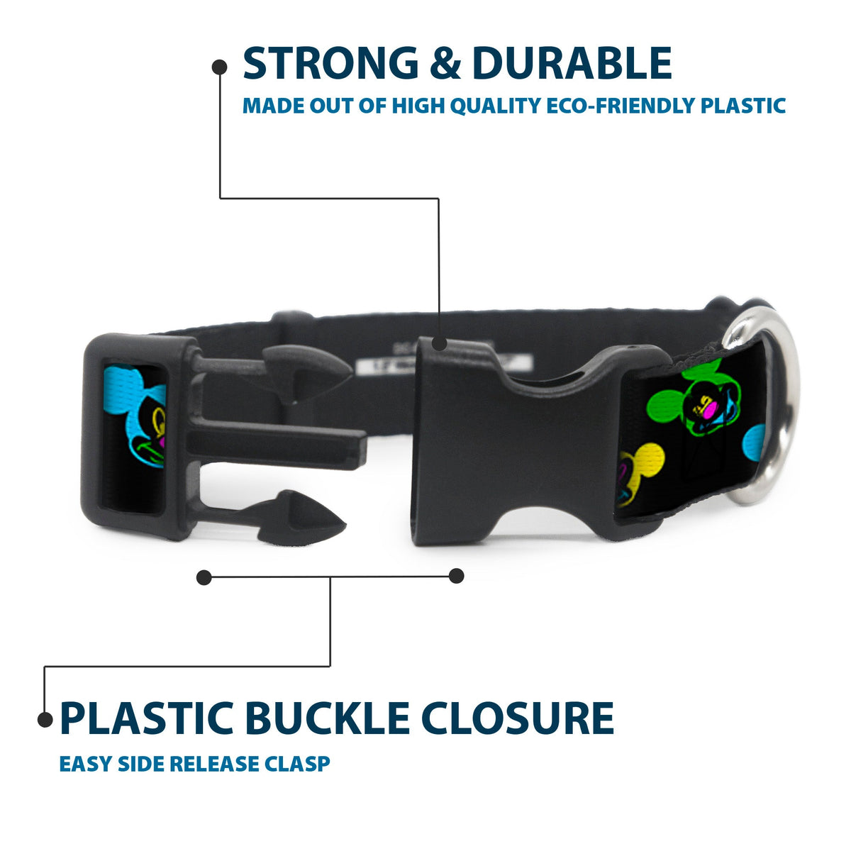 Plastic Clip Collar - Mickey Mouse Expressions Scattered Black/Multi Neon