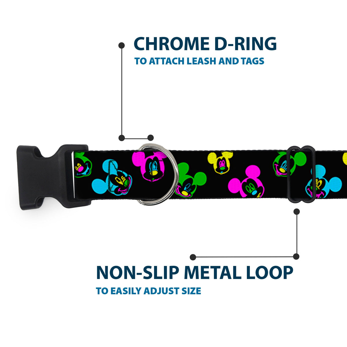 Plastic Clip Collar - Mickey Mouse Expressions Scattered Black/Multi Neon