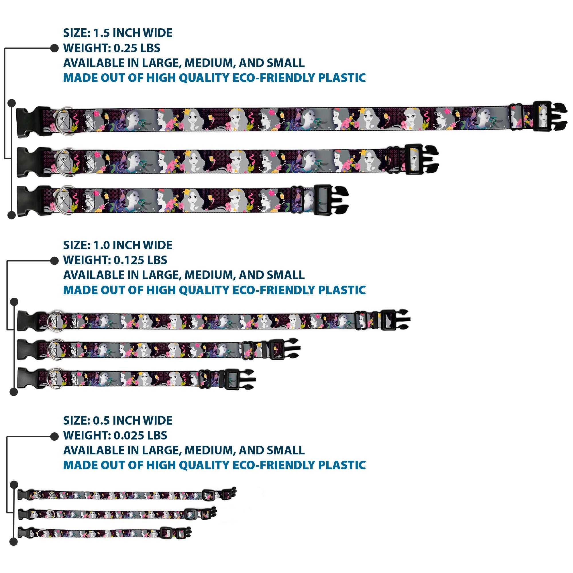 Plastic Clip Collar - Princess Silhouettes Dots Black/Purple/Gray/Multi Color