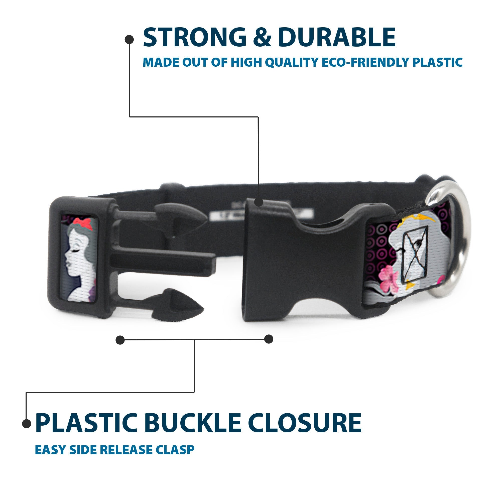 Plastic Clip Collar - Princess Silhouettes Dots Black/Purple/Gray/Multi Color